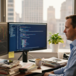 trader in corner office viewing algorithm charts